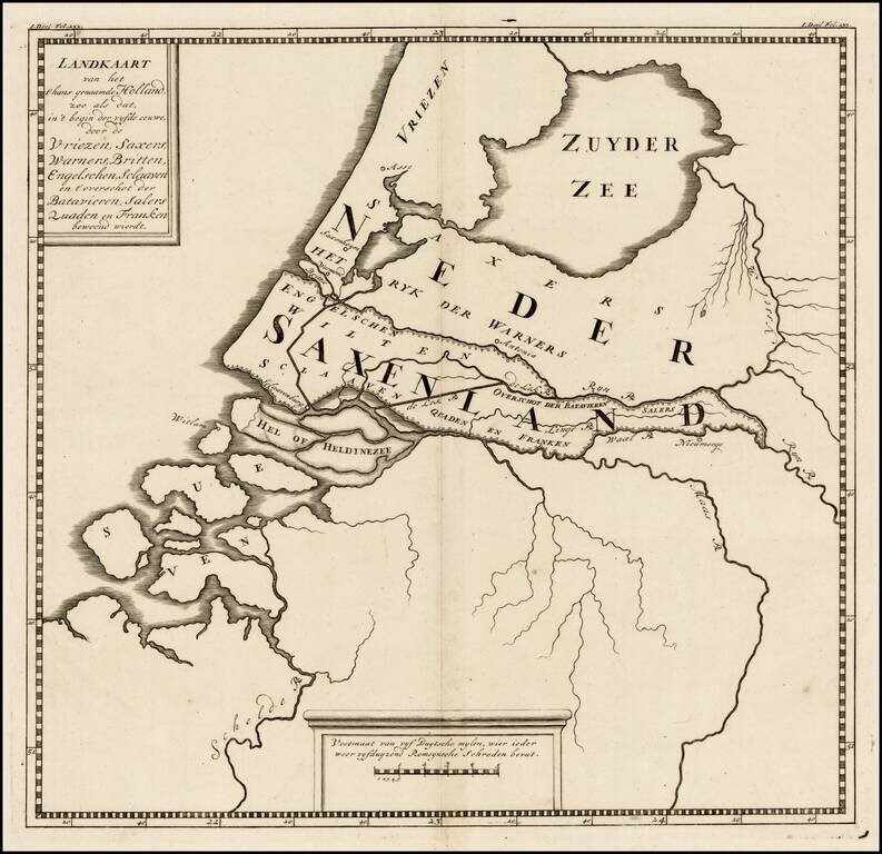 Landkaart van het t'hans genaamde Holland zoo als dat, in 't begin der vysde eeuwe, door de Vrienzen, Saxers, Warners, Britten, Engelschen, Sclaaven overschot der Bataveiren, Salers,Quden en Franken bewoond wierdt.