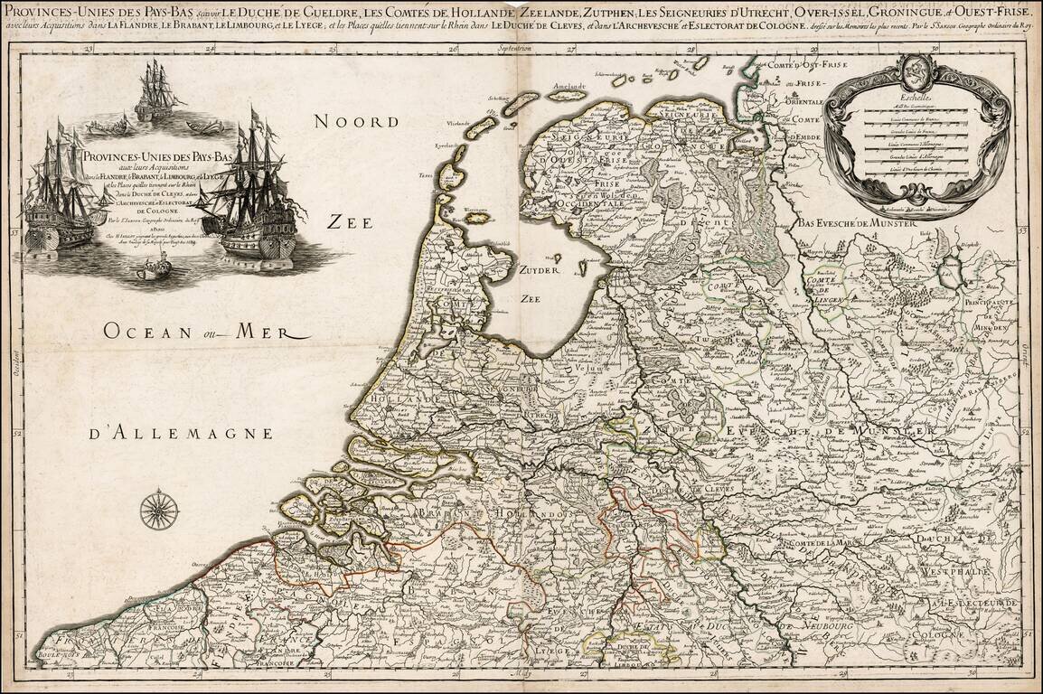 Provinces-Unies Des Pays-Bas avec leurs Acquisitions dans la Flandre, le Brabant, le Limburg, et le Lyege et les Paces qu'elles tiennent sur le Rhein le Duche de Cleves, et dans L'Archevesche et Eslectorat de Cologne . . . 1689