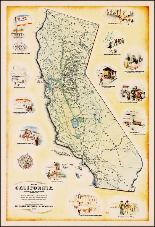 Map of California Showing the State as it was known a century ago.  Based on Briton & Rey's Lithograph of 1857, the first Map drawn from United States Land and Coat Surveys…