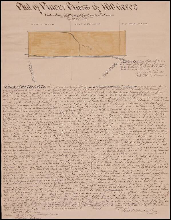 Plat of Placer Claim of 160 Acres Situate in Summit Mining District   County of Rio Grande and Territory of Colorado . . .  1876  (Signed by Thomas Meade Bowen)