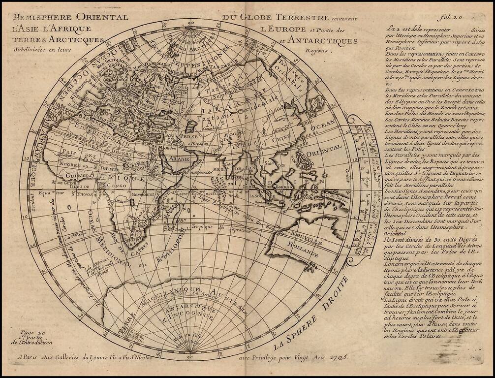 Hemisphere Orientale du Globe Terrestre contenant L'Asie, L'Afrique, L'Europe et Parties des Terres Arctiques et Antarctiques Subdivisees en Leurs Regions.