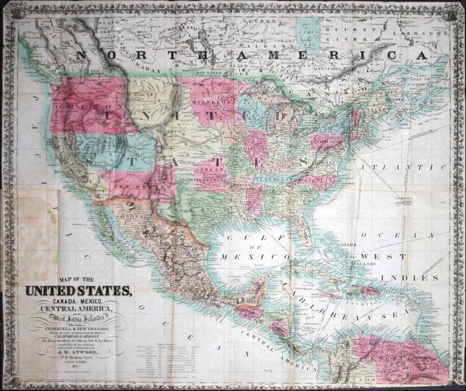 Map of the United States, Canada, Mexico, Central America and the West India Islands, with a portion of Venezuela & New Granada; showing the routes overland and by the Isthmus to California & Oregon, also the new boundaries of California, Utah . . .