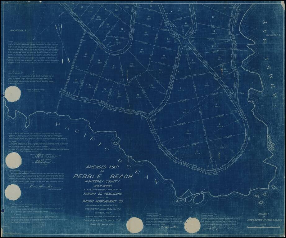 Amended Map of Pebble Beach Monterey County California  A Subdivision of A Portion of Rancho El Pescadero Owned By Pacific Improvement Co. Designed & Surveyed By T.B. Huner . . . October, 1909.  Showing Portion Resubdivided By Lott D. Norton, October