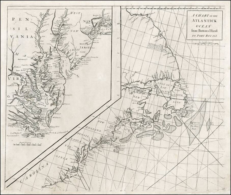 A Chart of the Atlantick Ocean from Buttons Island To Port Royall [Includes Large Map of Chesapeake Bay, Delaware Bay, New York City and Vicinity]