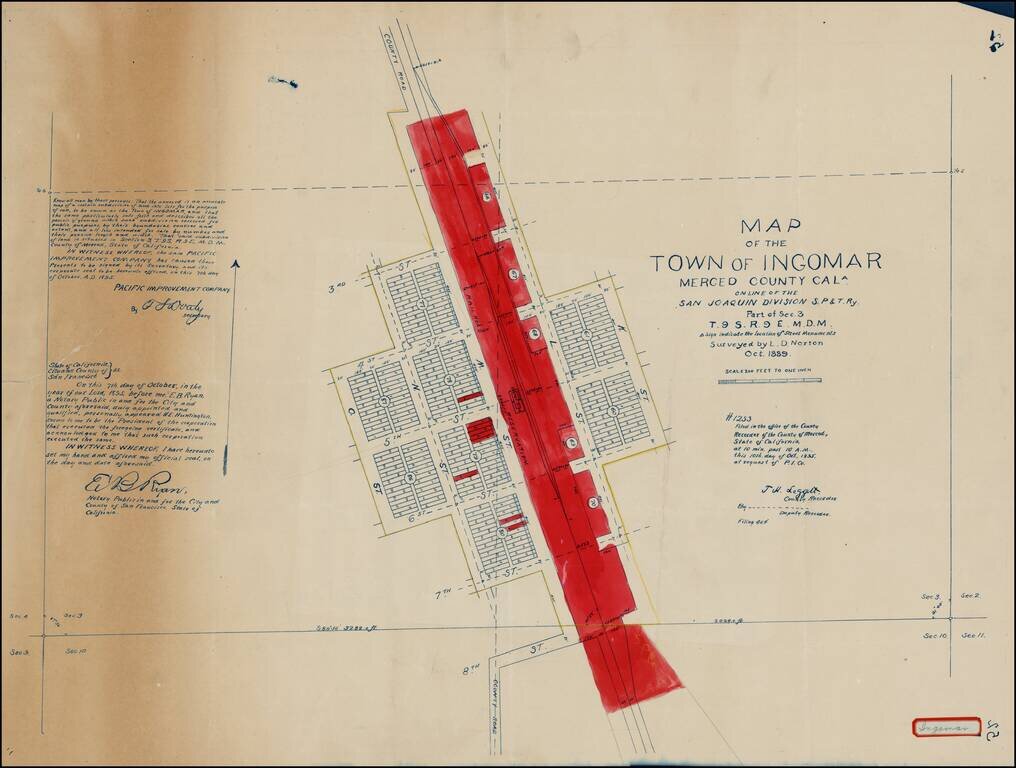 Map of the Town of Ingomar Merced County Cal.  on line of the San Joaquin Division S.P. & T. Ry. . . . Surveyed by L.D. Norton Oct 1889.