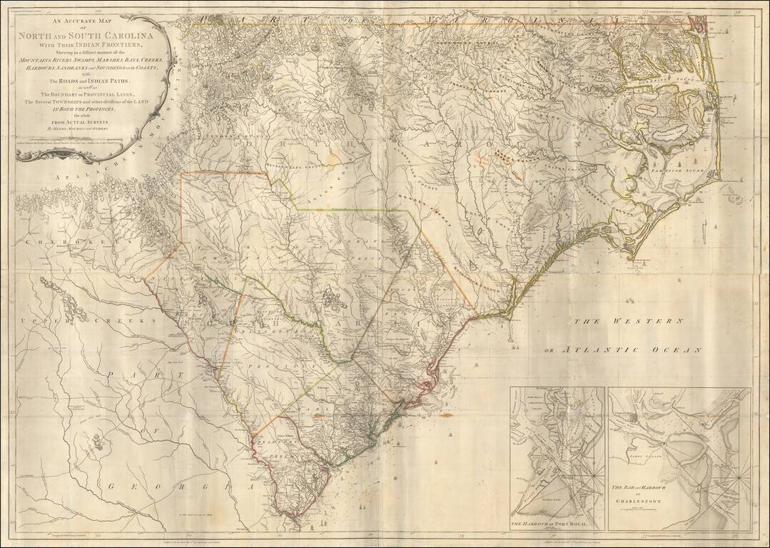 An Accurate Map of North and South Carolina With Their Indian Frontiers, Shewing in a distinct manner all the Mountains, Rivers, Swamps, Marshes, Bays, Creek, Harbours, Sandbanks and Soundings on the Coast; With the Roads & Indian Paths . . . .