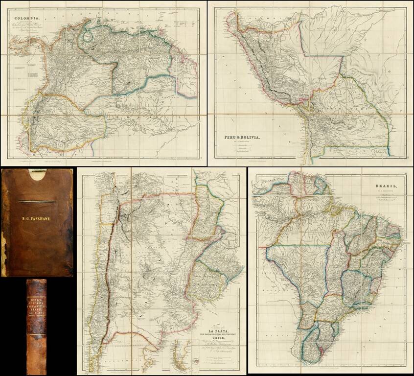 Set of 4 Case Maps (Colombia; Peru & Bolivia; La Platea, The Banda Oriental Del Uruguay and Chile; and Brazil)  (Admiral Sir. E.G. Fanshawe Copy in custom case)