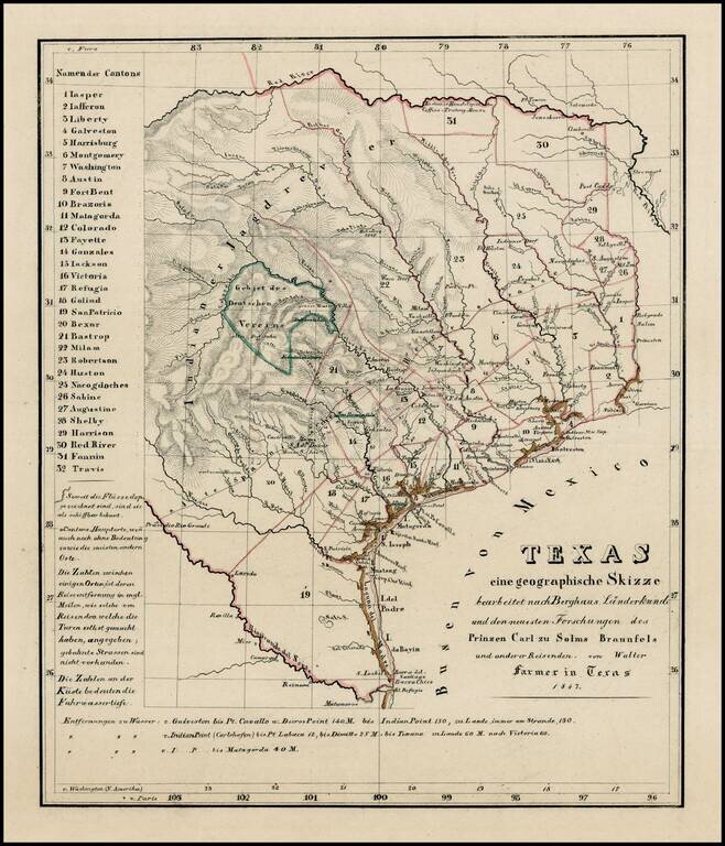 Texas eine geographische Skizze bearbeitet nach Berghaus Länderkunde und den neuesten Forschungen des Prinzen Carl zu Solms Braunfels und anderer Reisenden. von Walter Farmer in Texas 1847
