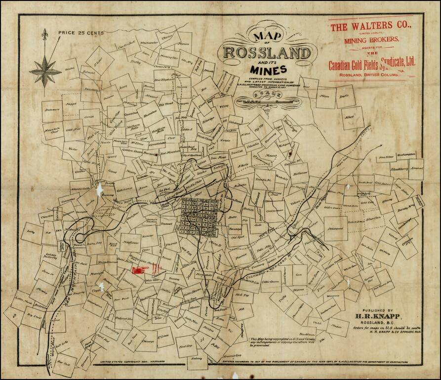 Map of Rossland and its Mines Compiled From Surveys and Latest Information By C.H. Ellagottat Provincial Land Surveyor Corrected to March 1st 1897