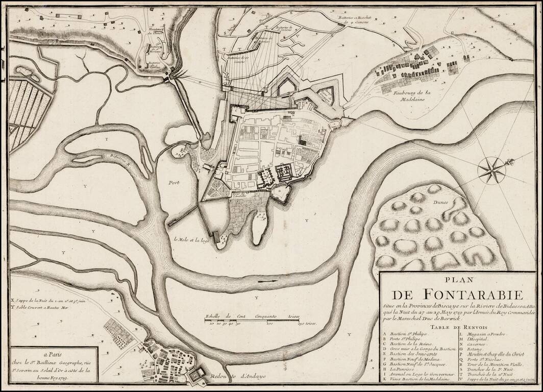 Plan de Fontarabie Situe en la Provinces de Biscaye sur la RIviere de Bidassoa Attaque la Nuit du 27 au 28 May 1719 par l'Armee du Roy Commandee par le Mareschal Duc de Barwick