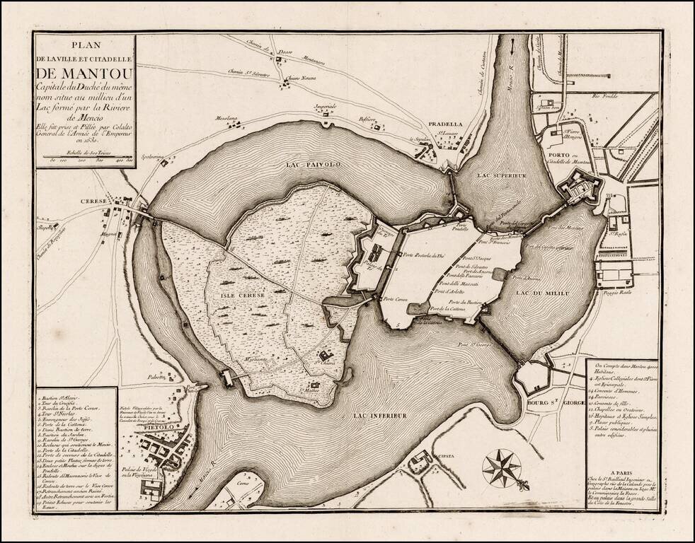 Plan de la Ville et Citadelle De Mantou Capitale du Duche du Meme nom situe au millieu d'un Lac forme par la Riviere de Mencio . . .