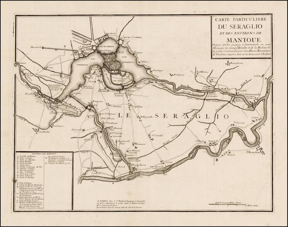 Carte Particuliere Du Seraglio et Des Environs De Mantoue Depuis Goito jusques a Gouvernolo ou sont Marquees les Camps. de Rivalta et de Madone de la gratie Commandee par Son Altesse Monseigneur de Vandome en 1702