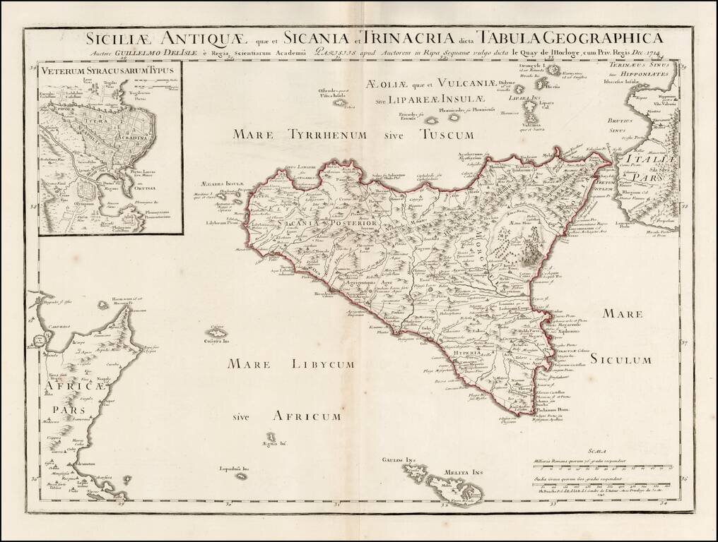 Siciliae Antiquae quae et Sicania et Trinacria dicta Tabula Geographica . . . 1714  (shows Malta)