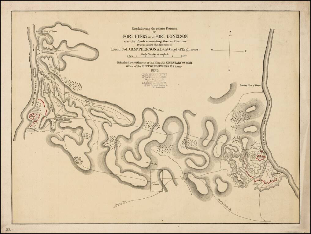 Sketch showing the relative Positions of Fort Henry and Fort Donelson also the Roads connecting the two Positions.  Drawn under the direction of Lieut. Col. J.B. McPherson A. D. C. & Capt. of Engineers . . .  1875