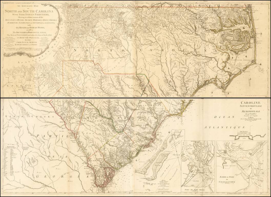 An Accurate Map of North and South Carolina With Their Indian Frontiers, Shewing in a distinct manner all the Mountains, Rivers, Swamps, Marshes, Bays, Creek, Harbours, Sandbanks and Soundings on the Coast; With the Roads & Indian Paths; as well as The Bo