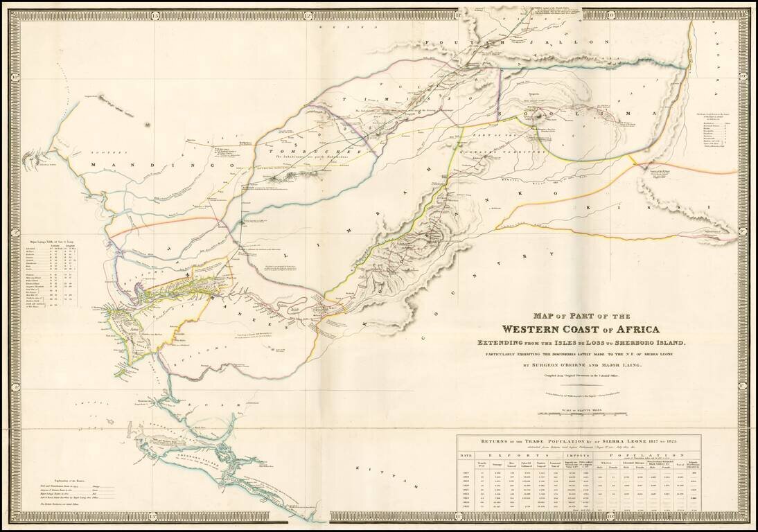 Map of Part of the Western Coast of Africa Extending from the Isles De Loss to Sherboro Island.  Particularly Exhibiting the discoveries lately made to the N.E. of Sierra Leone by Surgeon O'Beirne and Major Laing.  Compiled from Original Documents in the 