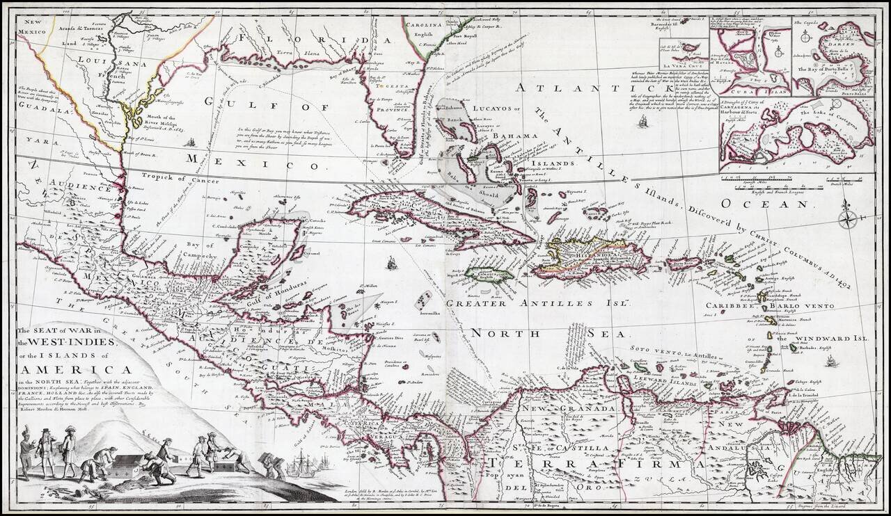 Seat of War in the West-Indies, or the Islands of America in the North Sea; Together with the adjacent Dominions; Explaining what belongs to Spain, England, France, Holland &c. As also the severall tracts made by the Gallions and flota from place to place
