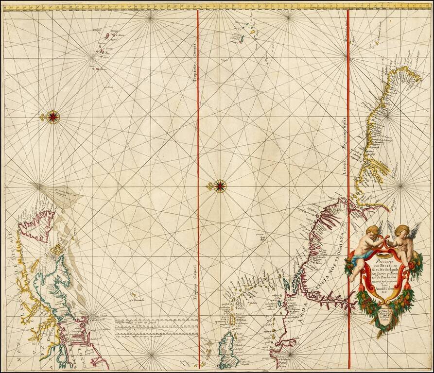Pascaerte van Brazil en Nieu Nederlandt van Cuorvo en Flores tot de Barbados nu eerst uyt gegeven door Arnold Colom tot