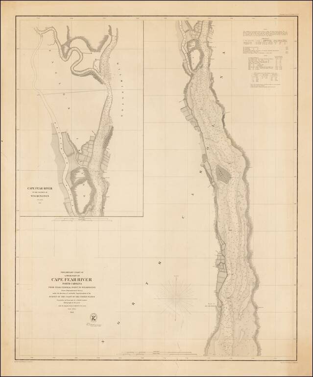 Preliminary Chart of Lower Part of Cape Fear River From Near Federal Point To Wilmington From a Trigonometric Survey . . . Triangulation and Topography by C.P. Bolles, Assistant.  Hydrography by the party under the command of Lieut J.N. Maffitt . . . 1856