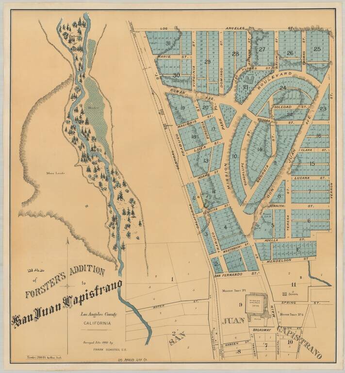 Map of Forster's Addition to San Juan Capistrano.  Los Angeles County California.  Surveyed Febr. 1888 by Frank Olmstead, C.E.