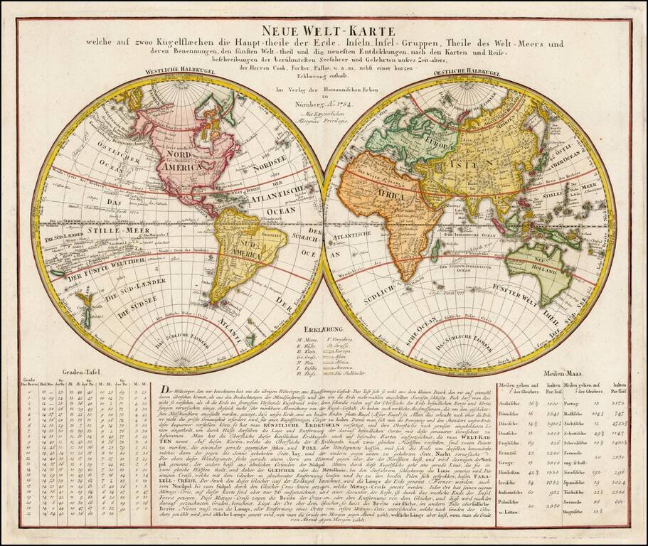 Neue Welt Karte welche auf Zwoo Kugelflaechen die Haupt-Theile der Erde . . . Ao. 1784