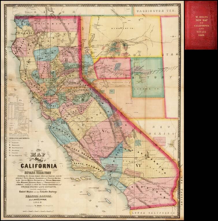 New Map of the State of California and Nevada Territory   Exhibiting the Rivers, Lakes, Bays and Islands, with the principal Towns, Roads, Railroads and Transit Routes to the Silver Mining Districts of Nevada Territory. . . 1863 [Pocket Map]