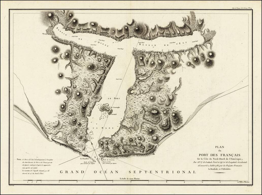 Plan du Port des Francais sur la Cote du Nord-Ouest de l'Amerique, par 58°37' de Latitude Nord et 139°50' de Longitude Occidentale, Decouverte le 2 Juillet 1786, par les Fregates Francaise la Boussole et l'Astrolabe.