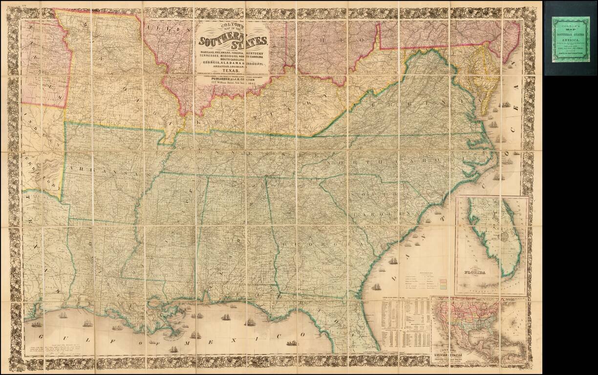 Colton's Map of the Southern States.  Including Maryland, Delaware, Virginia, Kentucky Tennessee, Missouri, North Carolina, South Carolina, Georgia, Alabama, Mississippi, Arkansas, Louisiana and Texas.  Showing Also Part of Adjoining States & Territories 