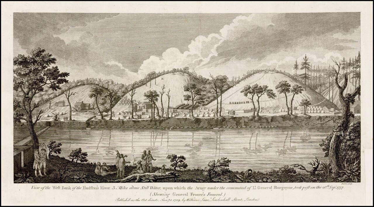 View of the West Bank of the Hudson's River 3 Miles above Still Water, upon which the Army under the command of Lt. General Burgoyne, took post on the 20th. Sepr. 1777 (Showing General Frazer's Funeral).