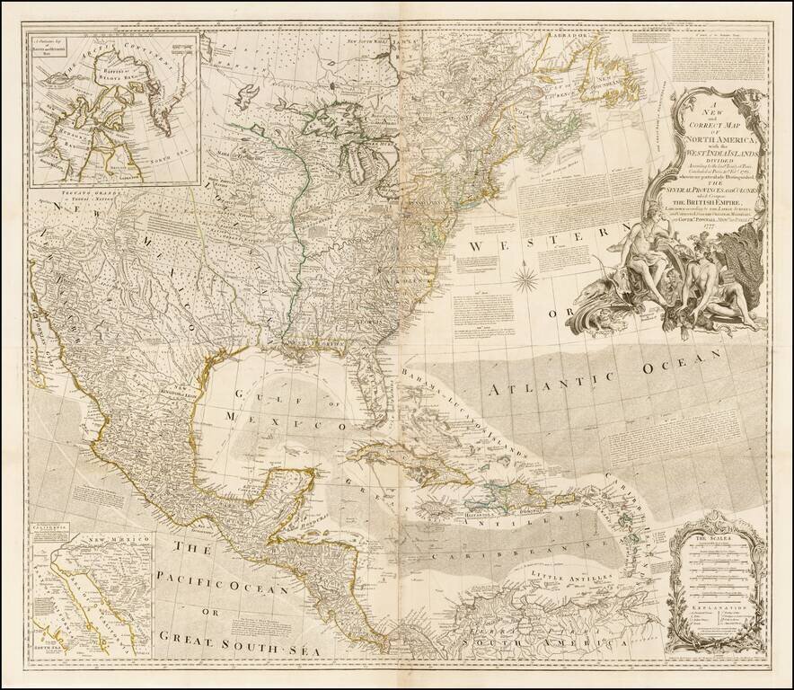 A New and Correct Map of North America, with the West India Islands,  Divided according to the last Treaty of Peace, Concluded at Paris, 10th Feby. 1763, wherein are particularly Distinguished, The Several Provinces and Colonies which Compose The British 