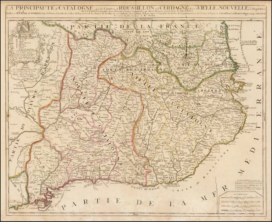La Principaute de Catalogne avec les Comtez de Roussillon et de Cerdagne divisee en Vielle et Nouvelle, et en Vegueries Par le Sr. Cantel Geographe, Nouvellement Corrigee et augmentee  sur divers Memories par le Sieur de Tillemeont . . . 1694