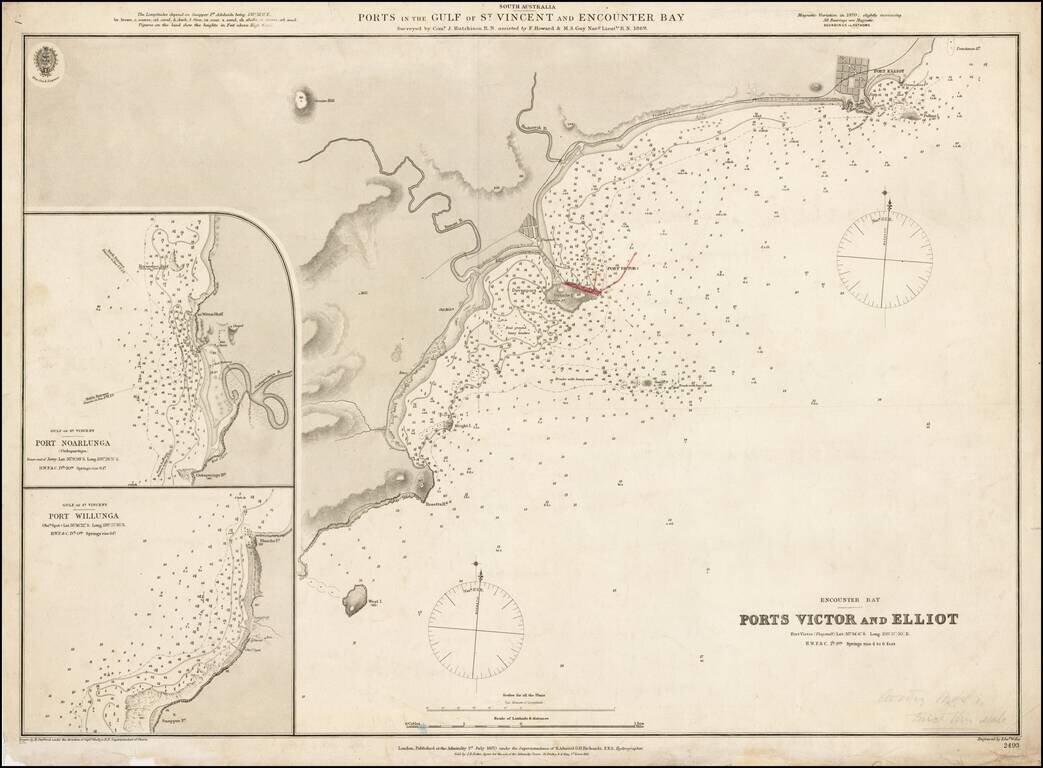 Ports in the Gulf of St. Vincent and Encounter Bay Surveyed by Comr. J. Hutchinson R.N. and assisted by F. Howard & M.S. Guy Navl. Lieutts. R.N. 1869  (Port Victor, Port Elliott, Port Willunga and Port Noarlunga