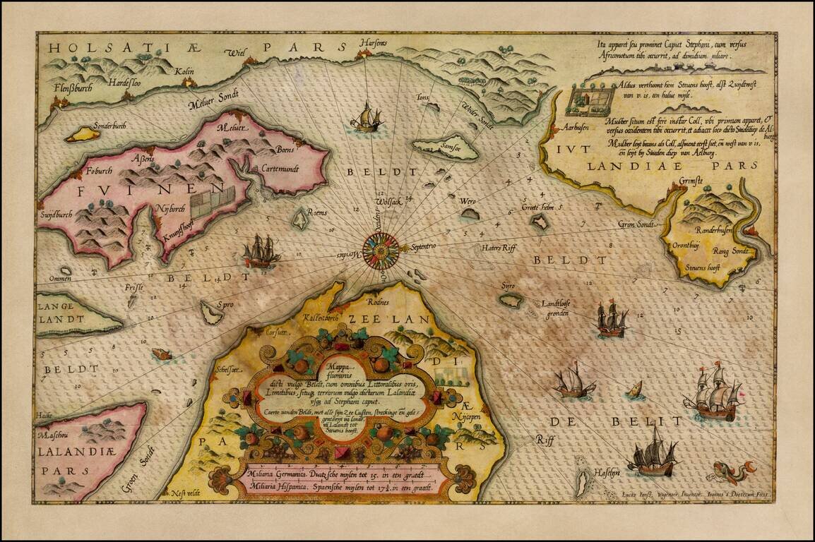 Mappa fluminis dicti vulgo Beldt, cum omnibus Littoralibus oris, Limitibus, Situque terrarum vulgo dicatrum Lalandiae, usque ad Stephani Caput /  Caerte vanden Beldt, met alle Sijn Zee Custen,Streckinge en gele gentherijt va lande, va Lalandt tot Situens 