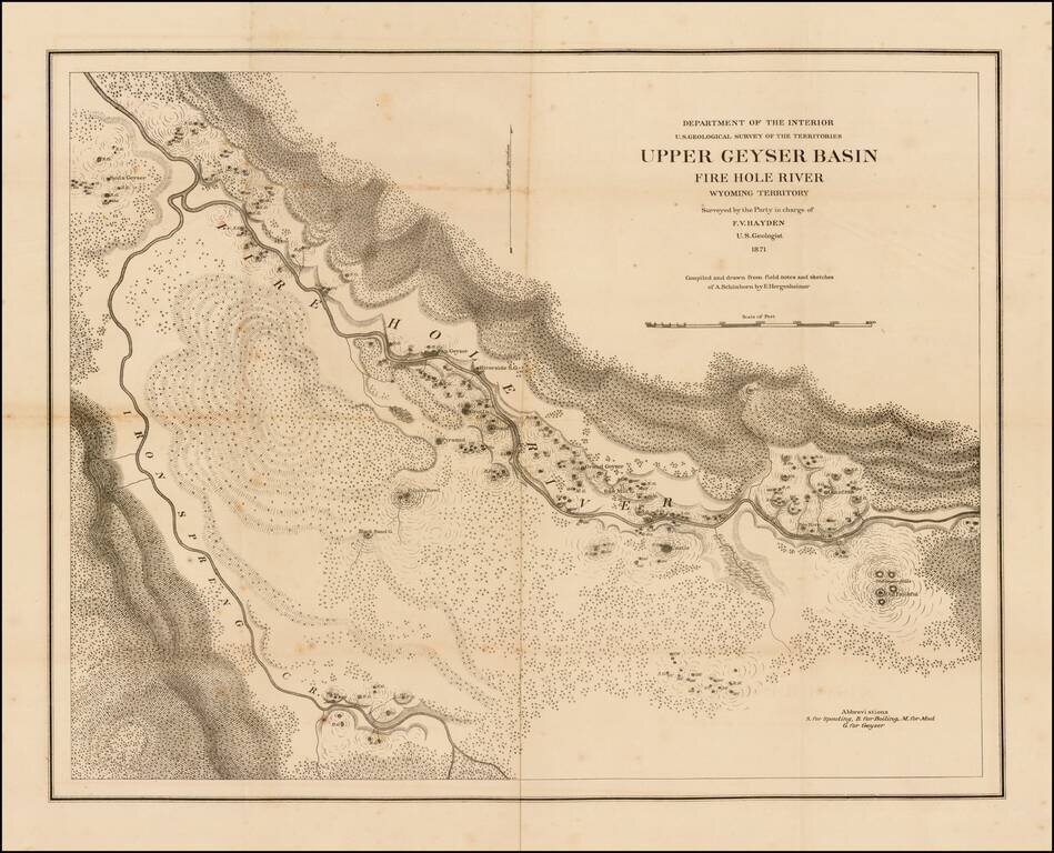 Upper Geyser Basin Fire Hole River  Wyoming Territory  Surveyed by the Party in chart of F.V. Hayden U.S. Geologist 1871.