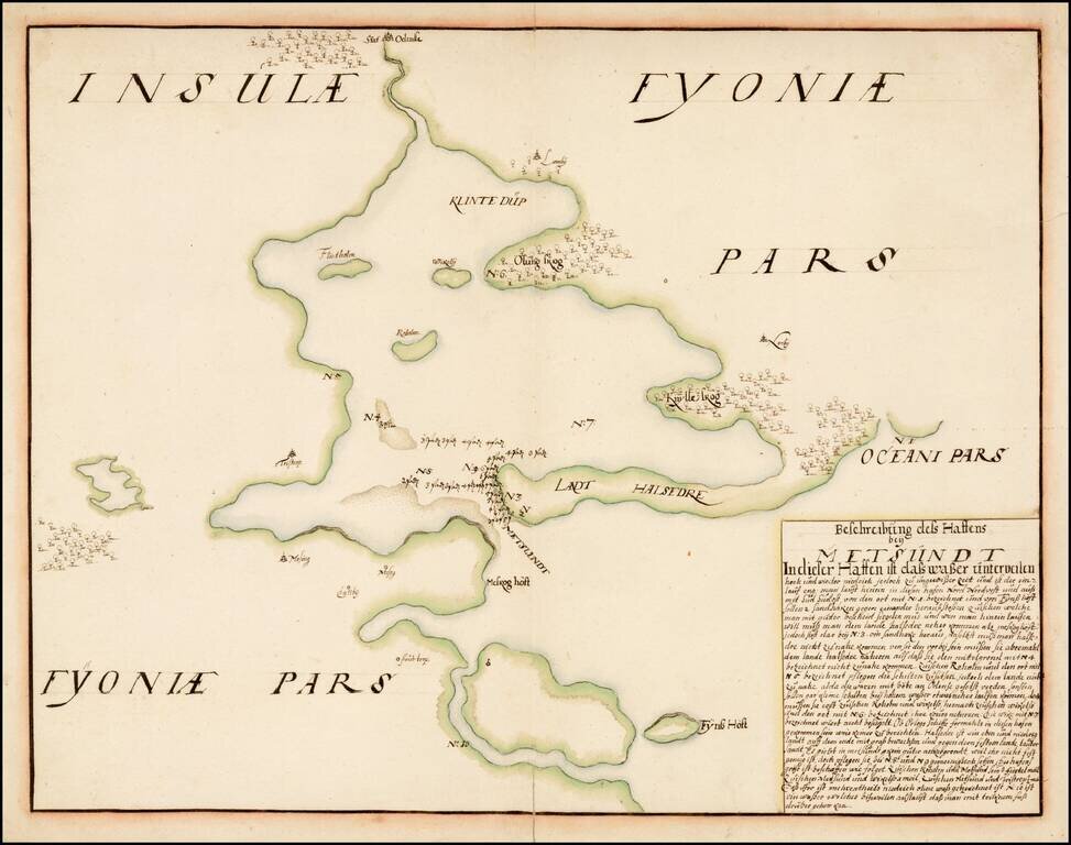 [Odense Fyord Manuscript Map]  Beschreibung dess Haffens beij Metsundt Indieser Haffen ist class wasser unterveilen . . .