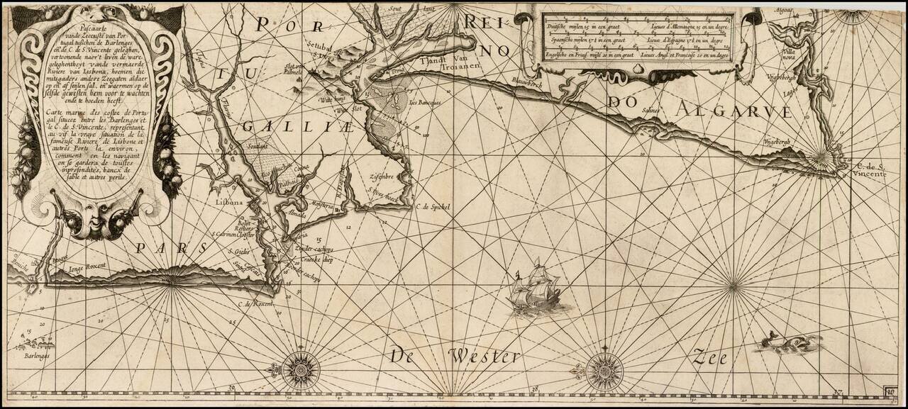 [Portugal]  Pascaarte vande Zeecusten van Portugal tusschen de Barlenges en de C. de S. Vincente geleghen, vertoonende nae't leven de ware geleghentheijt vande vermaerde Riviere van Lisbona . . .