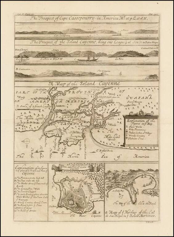 A Map of the Island Cayenne (with) The Pospect of Cape Cassepourry . . . (and) The Prospect of the Island of Cayenne . . . (and) Town and Fort St. Lewis att Cayenne (and) A Mapp of ye Harbour of the Cul de Sac Royale in ye Island Martinico