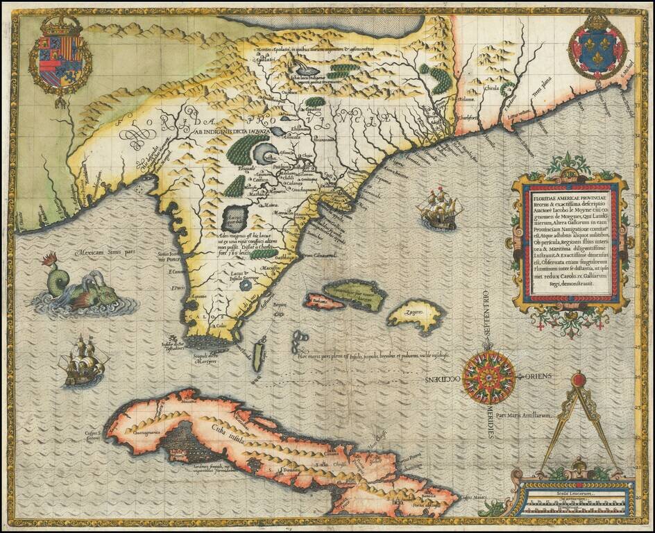 Floridae Americae Provinciae Recens & exactissima descriptio Auctore Iacobo le Moyne cui cognomen de Morgues, Qui Laudonnierum