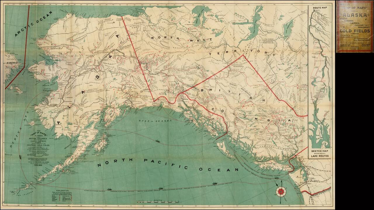 The Map of Maps -- Alaska and British Columbia Showing the Yukon, Cariboo Cassiar, with a Portion of the Kootenay Gold Fields . . . Feb. 1898  [with inset showing Lake Routes to Dawson]