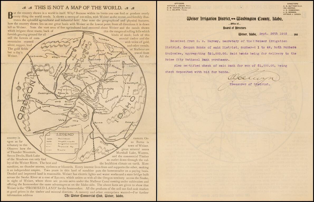 [Central Idaho & Eastern Oregon Letter Sheet Map]  This Is Not A Map Of The World . . . The Weiser Commercial Club, Weiser, Idaho.