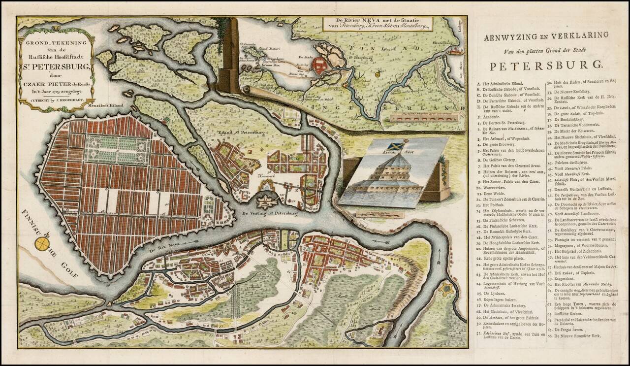 [St. Petersburg, Russia]. Grond-Tekening van de Russische Hoosdstadt St. Petersburg, door Czaer Pieter de Eerstre In't Jaer 1703 aengelegt. . . . .