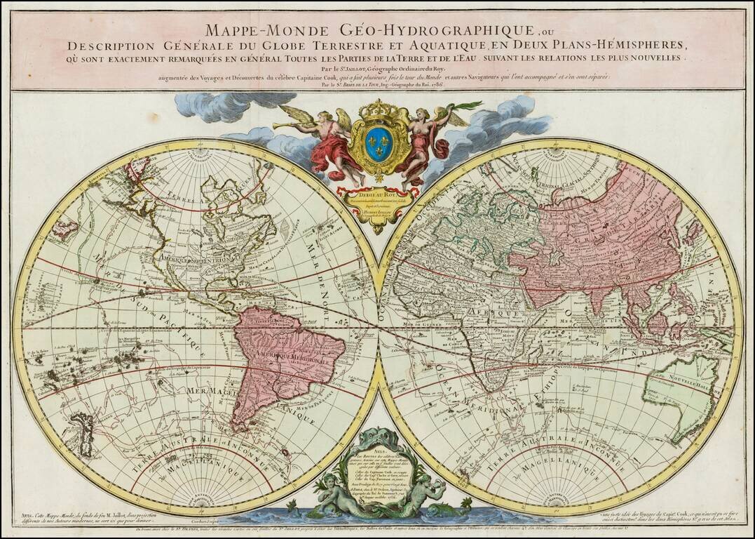 Mappe-Monde Geo-Hydrographique, ou Description Generale du Globe Terrestre et Aquatique, en Deux Plans-Hemipsheres ou sont exactement remarques en general Toutes Les Parties de la Terre et de l'Eau. . . . 1786