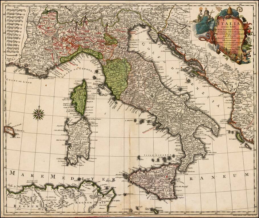 Italia annexis Insulis Sicilia, Sardinia et Corsica secundum observationes Societais Regiae Scientiarum quae est Parrisiis et diversorum celebrrimorum Astronomorum . . . 1758