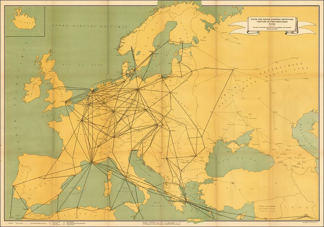 [Europe: Air Mail Routes] Carte des lignes postales aeriennes internes et internationales Europe pubilee par le Bureau International de l'Union postale universelle Berne, Avril 1937