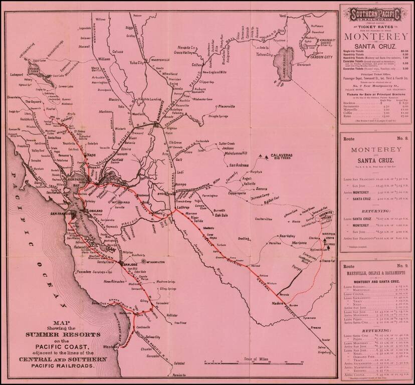 Map Showing the Summer Resorts on the Pacific Coast, adjacent to the lines of the Central and Southern Railroads.  [California Tourist.  Yosemite, The Big-Tree Groves Geysers, Monterey and other Popular Summer Resorts of Californa]