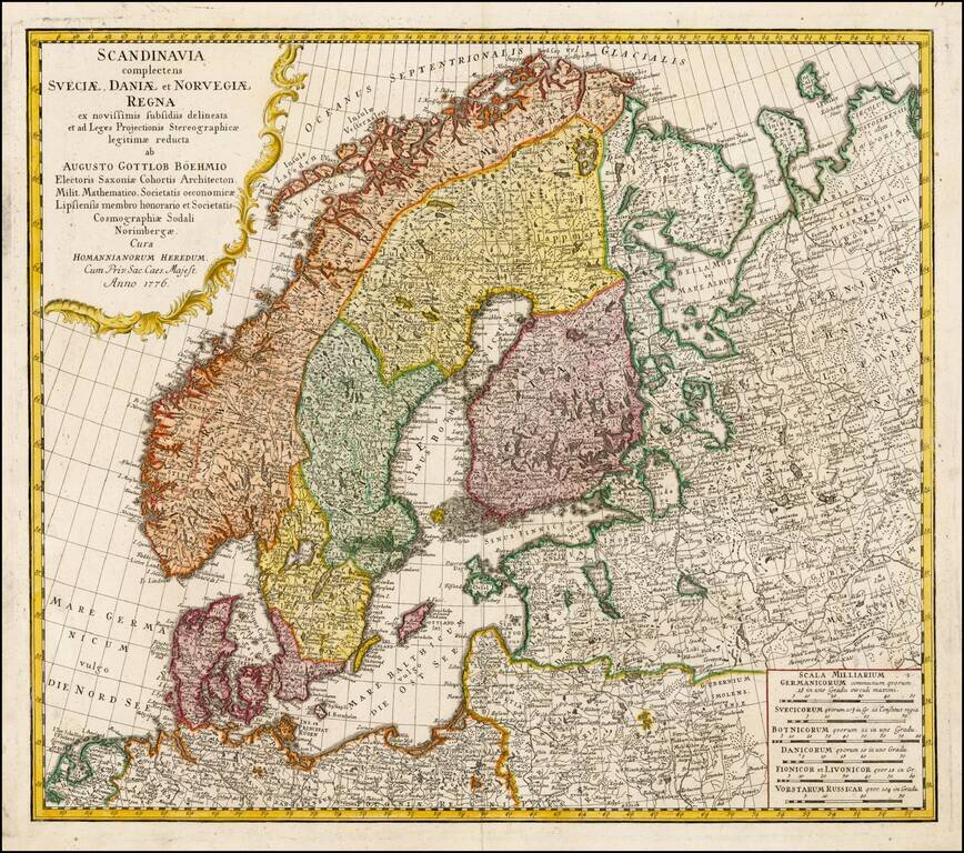 Scandinavia complectens Sueciae, Daniae & Norvegiae Regna ex novissimis subsidiis delineata et ad Leges Projectionis Stereograhicae legitimae reducta ab Augusto Gottlob Boehmio . . . 1776