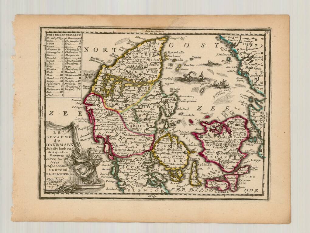 Les Royaume de Danemark Subdivsee en ses quatre Dioceses Avec les Isles Adjacentes Le Duche De Slewick &c. . . 1719