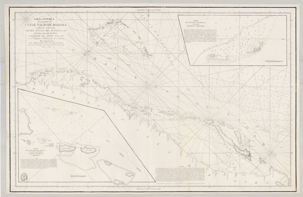 Carta Esferica de una parte del Canal Viejo de Bahama y placeres adyacentes Desde Punta de Maternillos Hasta La Ycacos.  Construida de Orden del Rey en el Deposito Hidrografico de Marina, Por disposicion Del Exmo. Señor Don Juan de Langara . . . 1799