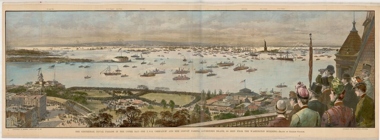 The Centennial Naval Parade In The Upper Bay -- The U.S.S. Despatch and Her Convoy Passing Governor's Island, AS Seen From The Washington Building -- Drawn by Charles Graham.