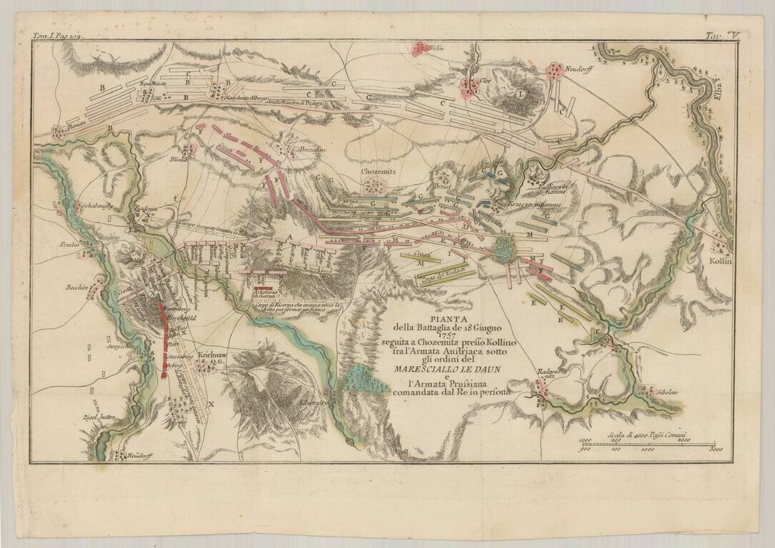 Pianta della Battaglia de 18 Giugnu 1757 seguita a Chozemitz presso Kollino fra l'Armata Austriaca sotto gli ordini del MarescialloLe Daun e l'Armata Prussiana comandata dal Re in persona